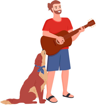 Man Playing Guitar Dog Sings With Him. Young Guy Resting After Work, Musician Singing. Creativity And Entertainment. Home Concert, Owner And Pet In Apartment, Active Lifestyle Isolated Illustration