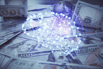 Double exposure of brain drawing over us dollars bill background. Technology concept.