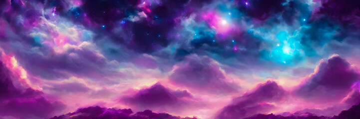 Naklejka na ściany i meble Space background with stardust and shining stars. Fantasy colorful cosmos. Alien planets. Banner size