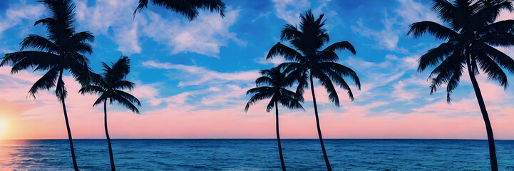 Naklejka na ściany i meble Fantasy Island. Palm trees, Sunset sea landscape. Colorful ocean beach sunrise