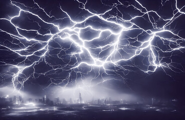 Lightning strikes over the skyline of fantasy city