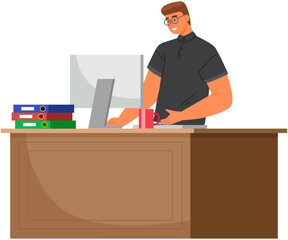 Young man studies business and finance on computer. Businessman works with technology, electronic device. Company employee, worker, manager at workplace. Organization of place for work in office