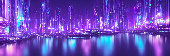 Fototapeta na wymiar Futuristic metaverse city concept with glowing neon lights. Banner size