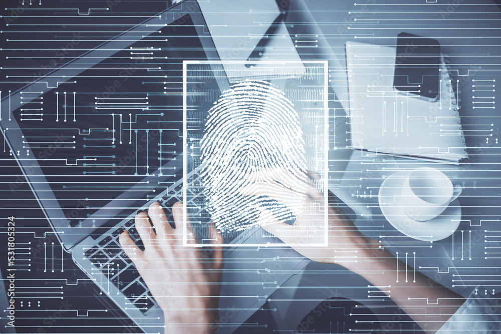 Poster double exposure of woman hands typing on computer and fingerprint drawing. security concept.