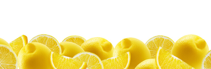 Set of juicy ripe lemons isolated on transparent background. Banner design with place for text, juice and organic food packaging. Copyspace image. Whole yellow lemons and several slices. Fruit cutaway