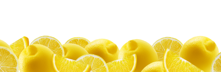 Set of juicy ripe lemons isolated on transparent background. Banner design with place for text, juice and organic food packaging. Copyspace image. Whole yellow lemons and several slices. Fruit cutaway