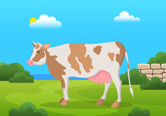 Cute white and brown spotted cow on meadow with green grass. Farm animal with horns and udder. Cow in cartoon style walk on rural land. Charming domestic cattle in pasture, field vector character