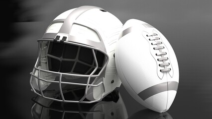 Naklejka premium American football White-Silver helmet and white-Silver Ball under foggy black laser lighting. 3D illustration. 3D CG. 3D high quality rendering.