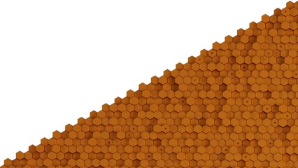 Abstract background with waves made of metallic orange futuristic honeycomb mosaic geometry primitive forms that goes up and down under white back-lighting. 3D illustration. 3D CG. High resolution.