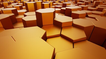 Abstract background with waves made of metallic orange futuristic honeycomb mosaic geometry primitive forms that goes up and down under white back-lighting. 3D illustration. 3D CG. High resolution.