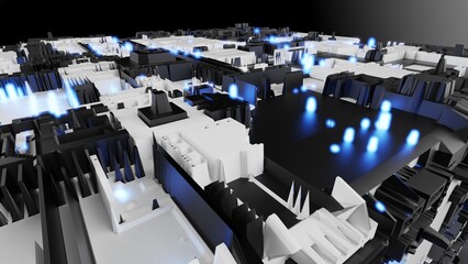 Black-white futuristic circuit technology with blue LED point light. Concept 3D CG of hi-tech digital data connection system, computer electronic design and Sci-Fi Landscape.