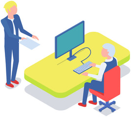 Office staff, work and communication. Head and subordinates. Various workers, managers team. Top managers employees of different levels. Office workers. Co-workers. Colleagues discuss project teamwork