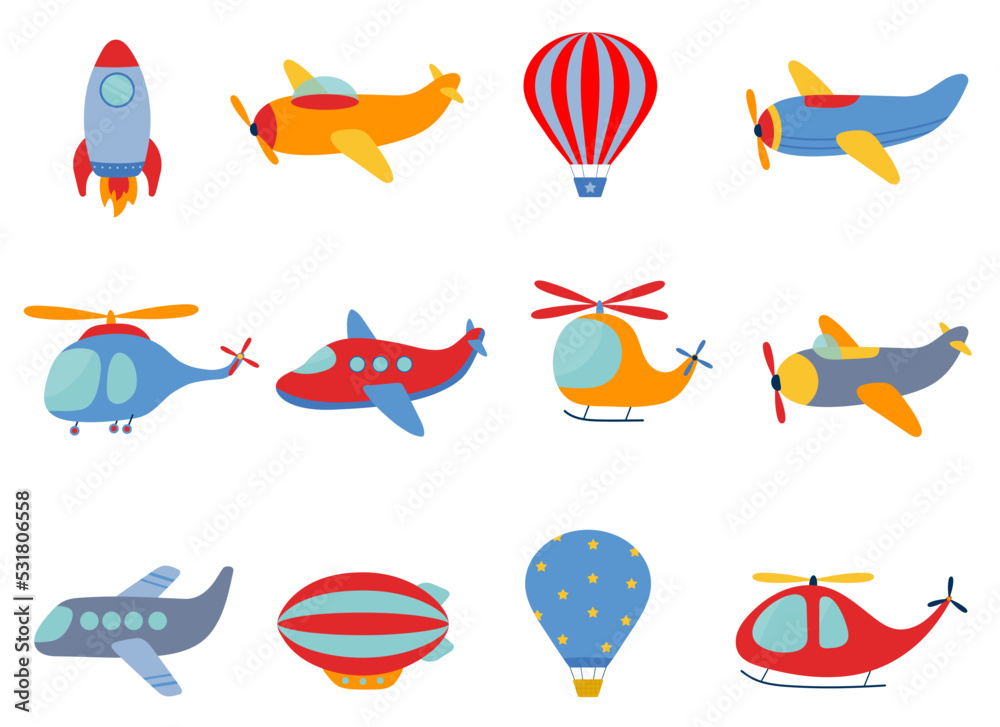 Wall mural Cartoon air transport. Vector planes, airplanes, helicopters, airship, rocket, aircraft. Cildren toy planes set - Wall murals