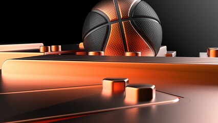 Black-Orange Basketball on Mechanical Metallic Orange Titanium Plates. 3D illustration. 3D CG. High resolution.