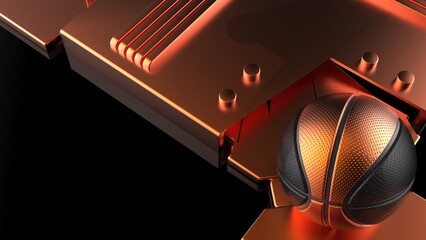 Black-Orange Basketball on Mechanical Metallic Orange Titanium Plates. 3D illustration. 3D CG. High resolution.
