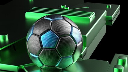 Metallic Black-Blue Soccer ball on Metallic Green Mechanical Plates. 3D illustration. 3D CG. High resolution.