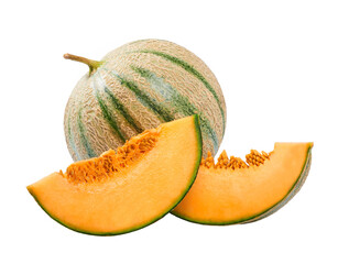 whole and slice cantaloupe melon isolated on a white background.