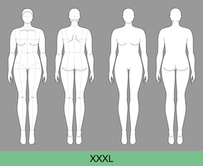 Set of XXXL Women Fashion template 9 nine head size Croquis over size Lady model Curvy body figure front, back view. Vector outline girl for Fashion Design, Illustration, technical drawing