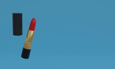 3d illustration, red lipstick, on a blue background, copy space, 3d rendering.