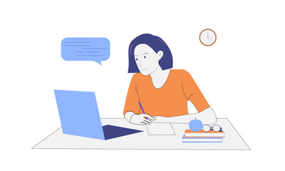 Fototapeta na wymiar Young woman sitting with laptop. Freelance, online studying, work from home concept. Vector illustration in flat style.