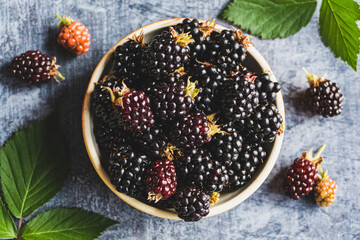 Blackberry fruits on in a bowl, food background, ripe blackberries closeup