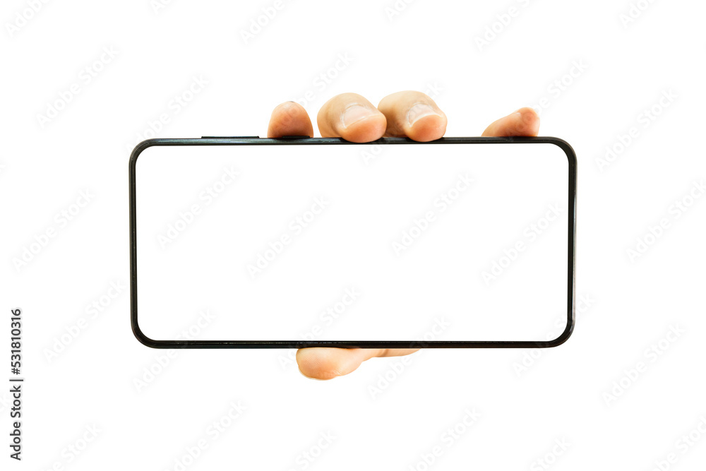 Sticker hands holding smartphone isolated on transparent background - png format.