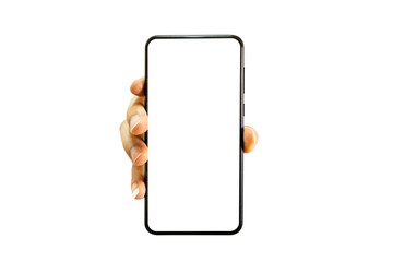 Hands holding smartphone isolated on transparent background - PNG format.