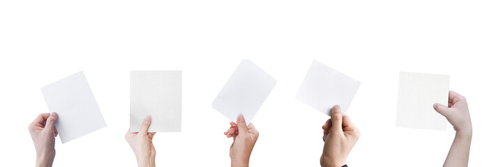 Hands holding white paper isolated on transparent background - PNG format.