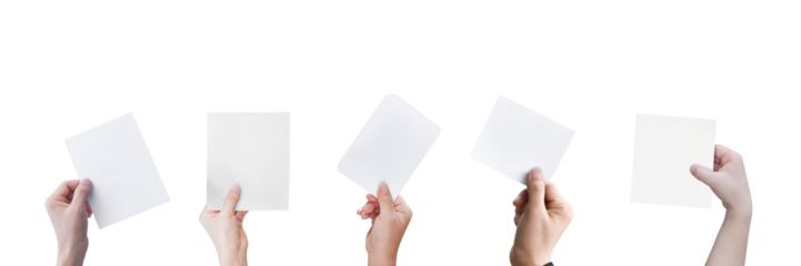 Hands holding white paper isolated on transparent background - PNG format.