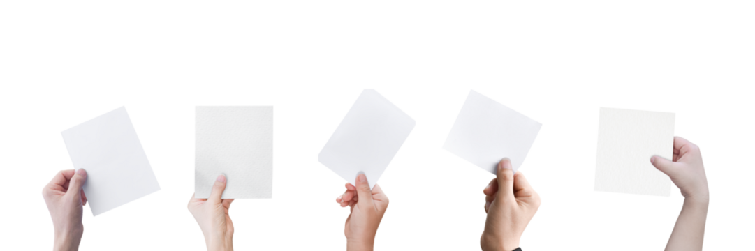 Hands holding white paper isolated on transparent background - PNG format.