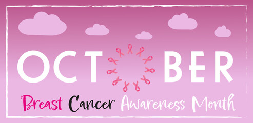 Pink Breast Cancer Awareness Month with clouds and circle of ribbons 2022, social media banner or post or cover for flyer or poster. editable vector