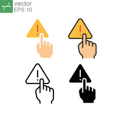 Obraz premium Index finger touch triangle warning symbol with exclamation mark inside for no manage hand sign. Finger, gesture, hand, interaction, warning icon Vector illustration Design on white background. EPS10