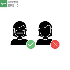 Female wear and without facemask. Warning sign for use mask area. Face mask area and Mask Required. Woman, mask, face, icon, coronavirus. Vector illustration. Design on white background. EPS10