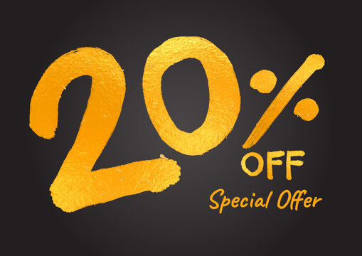 20% OFF. Special Offer Gold Lettering Numbers brush drawing hand drawn sketch. 20 % Off Discount Tag, Sticker, Banner, Advertising. 20% number logo design vector illustration