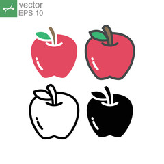 Ripe and fresh red apple fruit with single green leaf silhouette flat line color for food apps and website. Organic Fruit, vegan, vegetarian icon. Vector illustration Design on white background EPS10