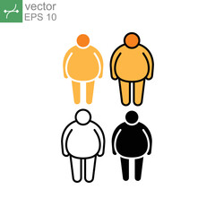 Unhealthy lifestyle with fatness tummy, obesity male silhouette symbol infographic, pictogram in outline, flat, and solid . Overweight man icon. Vector illustration Design on white background EPS 10. - obrazy, fototapety, plakaty