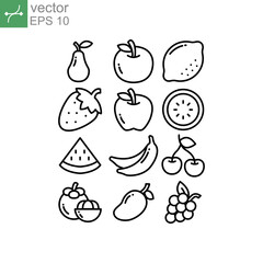 Fruits food, Tropical organic fruit, Juicy, fresh organic line. Lemon, orange, watermelon, strawberry, etc. Fruity icons set, line style Vector illustration design on white background EPS 10.