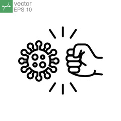Fist kicking, fist kick by bacteria for protect virus, punching hands to fight coronavirus icon. Conquer infection disease with hand fist attack. line Vector illustration design,white background EPS10