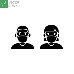 a man and woman wear a mask icon. People wearing protective surgical mask. Concepts of dust, coronavirus quarantine Covid-19 Notice Safety sign solid Vector illustration Design white background EPS10