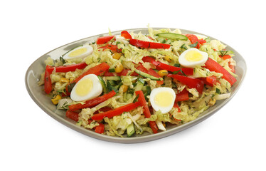Plate of delicious salad with Chinese cabbage and quail eggs isolated on white