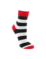 New striped sock isolated on white. Footwear accessory