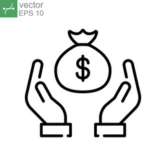 save money icon, salary money in bag. Two hand holding dollar. pay investment and deposit. Money Charity. Cost revenue Silhouette line Vector illustration Design on white background EPS10
