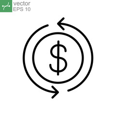 Cashback icon, return money. Cash back rebate, Reinvest earning, chargeback, Dollar coin with arrow, credit payment tax exchange simple thin line Vector illustration Design, white background EPS10