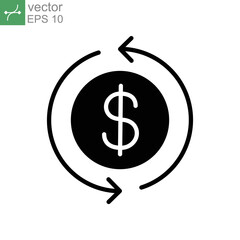 Cashback icon, return money. Cash back rebate, Reinvest earning, chargeback, Dollar coin with arrow, credit payment tax exchange simple solid style Vector illustration Design, white background EPS10