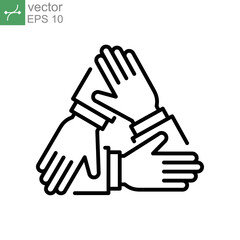 Four hands support each other. Collaboration teamwork thin line stroke. Support, Business friendship and partnership sign. unity in diversity. Vector illustration. Design on white background. EPS10