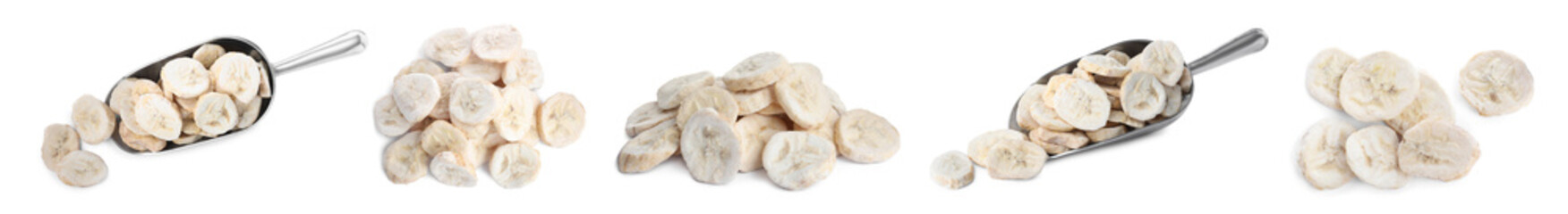 Set with freeze dried bananas on white background. Banner design