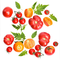 Different ripe tomatoes flying on white background