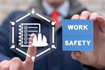 Concept of Work Safety First Standards on Сonstruction, Industry, Business. Health protection, personal security people on job, hazards, regulations.
