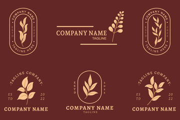 Minimalist Gold Leaf Leaves Tropical Logo Collection Style Dark Red.
