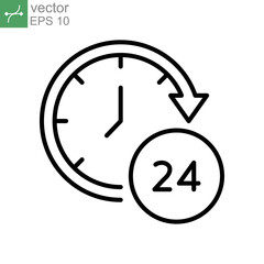 Time 24 hours icon. Twenty hour full open service operation. Free dial all day. online support. clock symbol. Passage of time. Line Vector illustration. Design on white background. EPS10